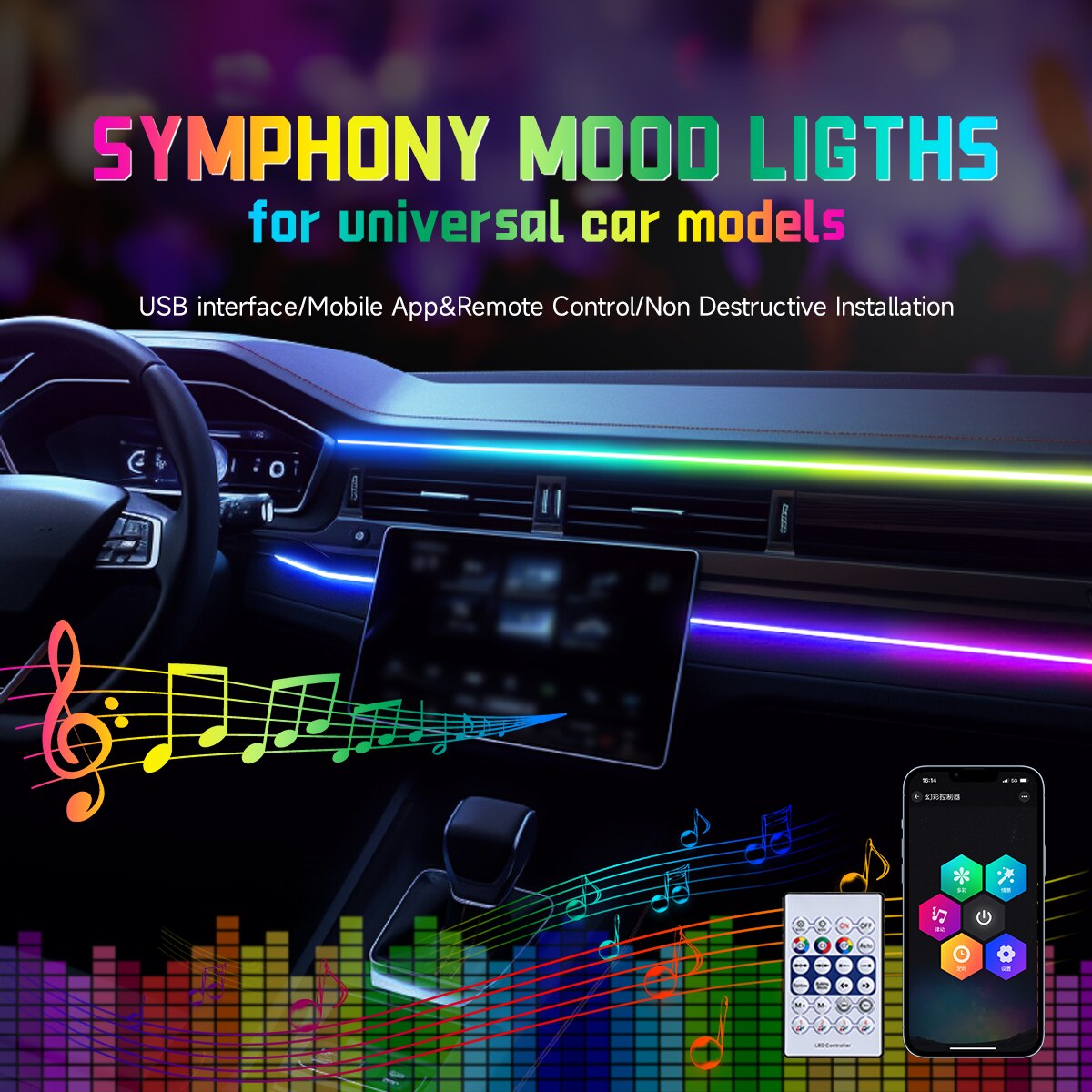 Lumière ambiante LED pour voit - Led Ambient Interior Car Lights App Control avis et prix